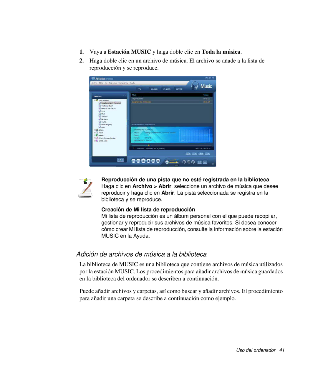 Samsung NP-R65KV00/SES, NP-R65CV03/SES, NP-R65CV01/SES, NP-R65CV01/SEP manual Adición de archivos de música a la biblioteca 