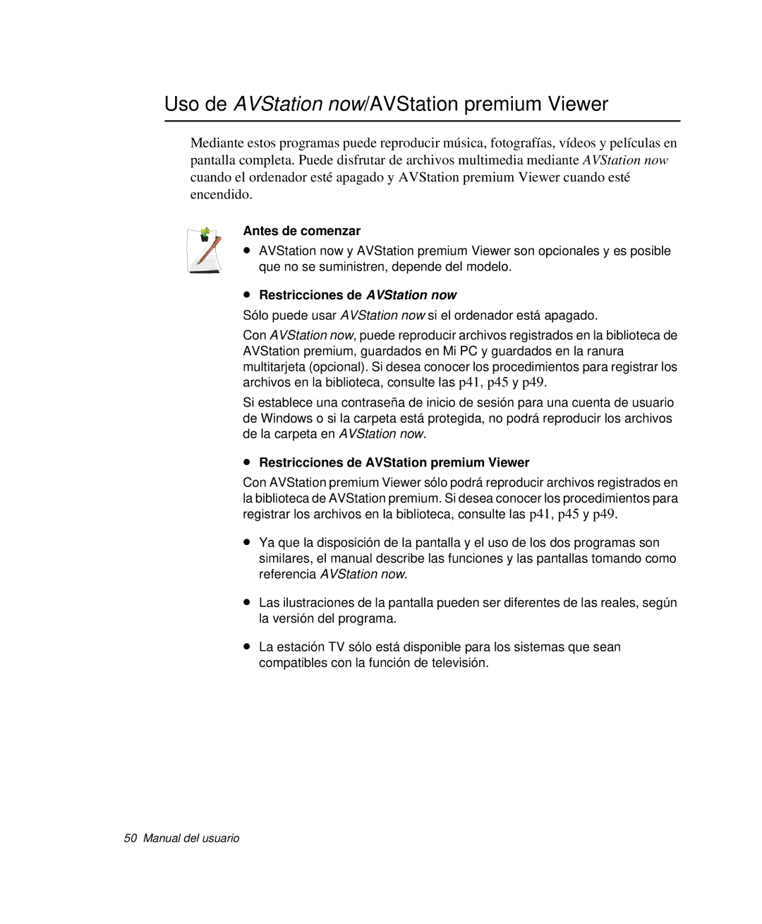 Samsung NP-R65KV00/SES, NP-R65CV03/SES manual Uso de AVStation now/AVStation premium Viewer, Restricciones de AVStation now 