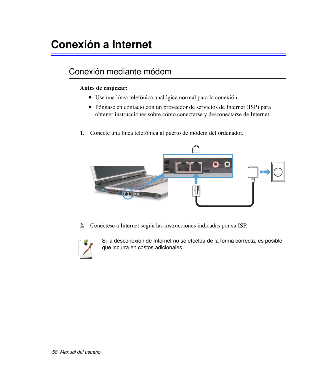 Samsung NP-R65T002/SES, NP-R65CV03/SES, NP-R65CV01/SES manual Conexión a Internet, Conexión mediante módem, Antes de empezar 