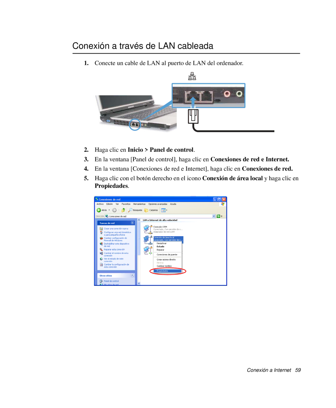 Samsung NP-R65KV00/SES, NP-R65CV03/SES manual Conexión a través de LAN cableada, Haga clic en Inicio Panel de control 