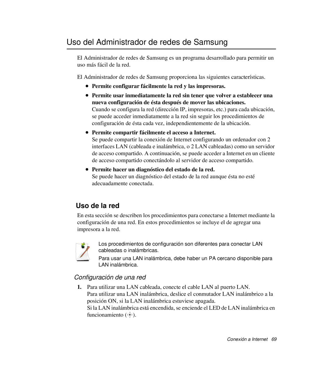 Samsung NP-R65CV02/SES, NP-R65CV03/SES Uso del Administrador de redes de Samsung, Uso de la red, Configuración de una red 