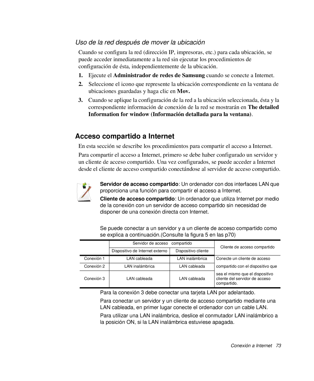 Samsung NP-R65CV01/SEP, NP-R65CV03/SES manual Acceso compartido a Internet, Uso de la red después de mover la ubicación 