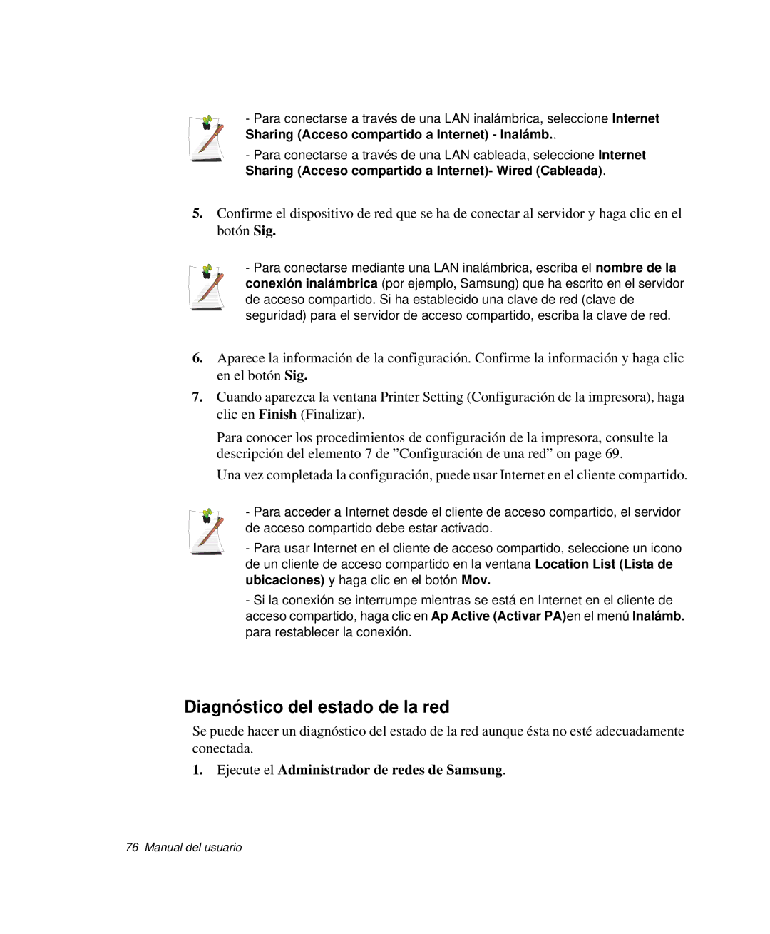 Samsung NP-R65T002/SES, NP-R65CV03/SES manual Diagnóstico del estado de la red, Ejecute el Administrador de redes de Samsung 