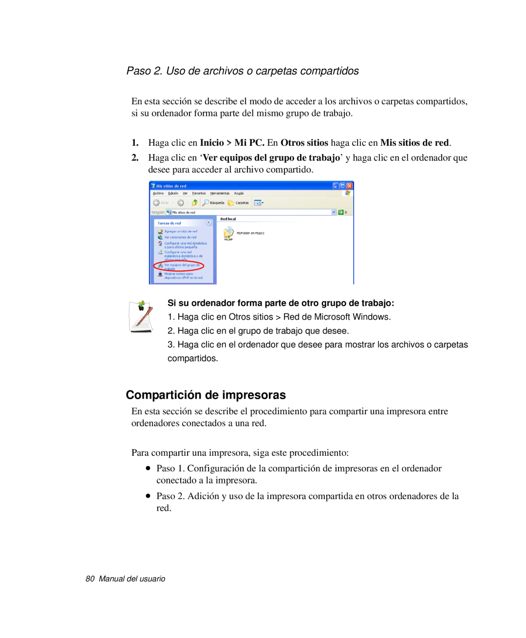 Samsung NP-R65CV03/SES, NP-R65CV01/SES manual Compartición de impresoras, Paso 2. Uso de archivos o carpetas compartidos 