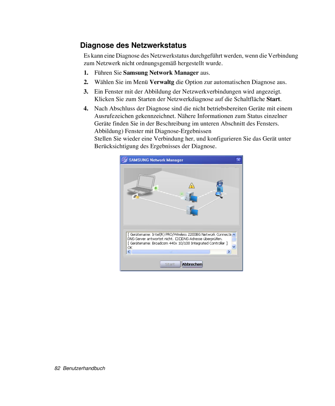 Samsung NP-R65CV02/SEG, NP-R65K000/SEG, NP-R65TV01/SEG Diagnose des Netzwerkstatus, Führen Sie Samsung Network Manager aus 