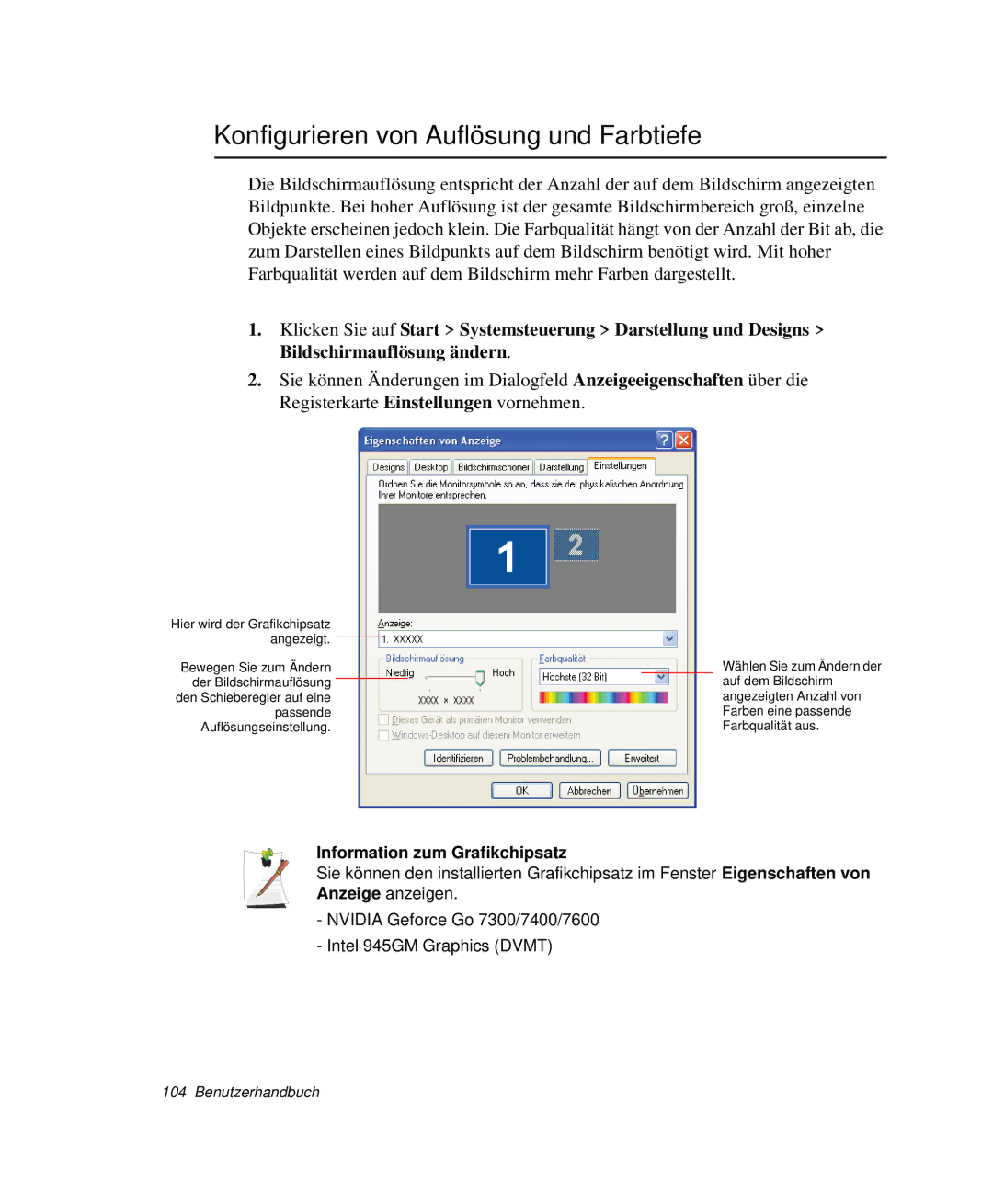 Samsung NP-R65CV02/SEG, NP-R65K000/SEG manual Konfigurieren von Auflösung und Farbtiefe, Information zum Grafikchipsatz 