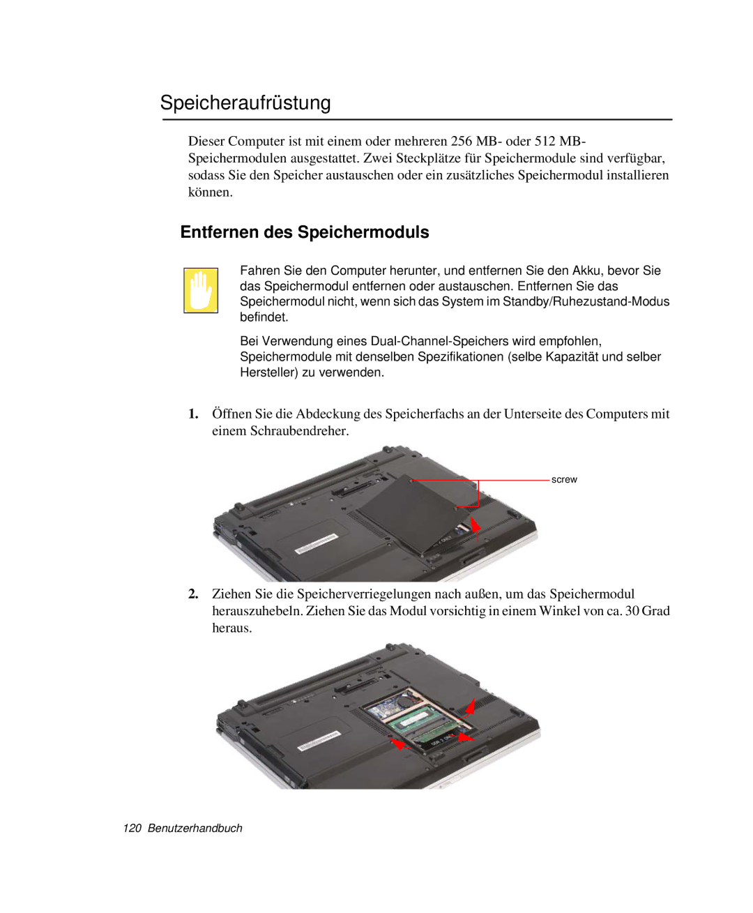 Samsung NP-P50TV03/SEG, NP-R65K000/SEG, NP-R65TV01/SEG, NP-R65KV00/SEG manual Speicheraufrüstung, Entfernen des Speichermoduls 