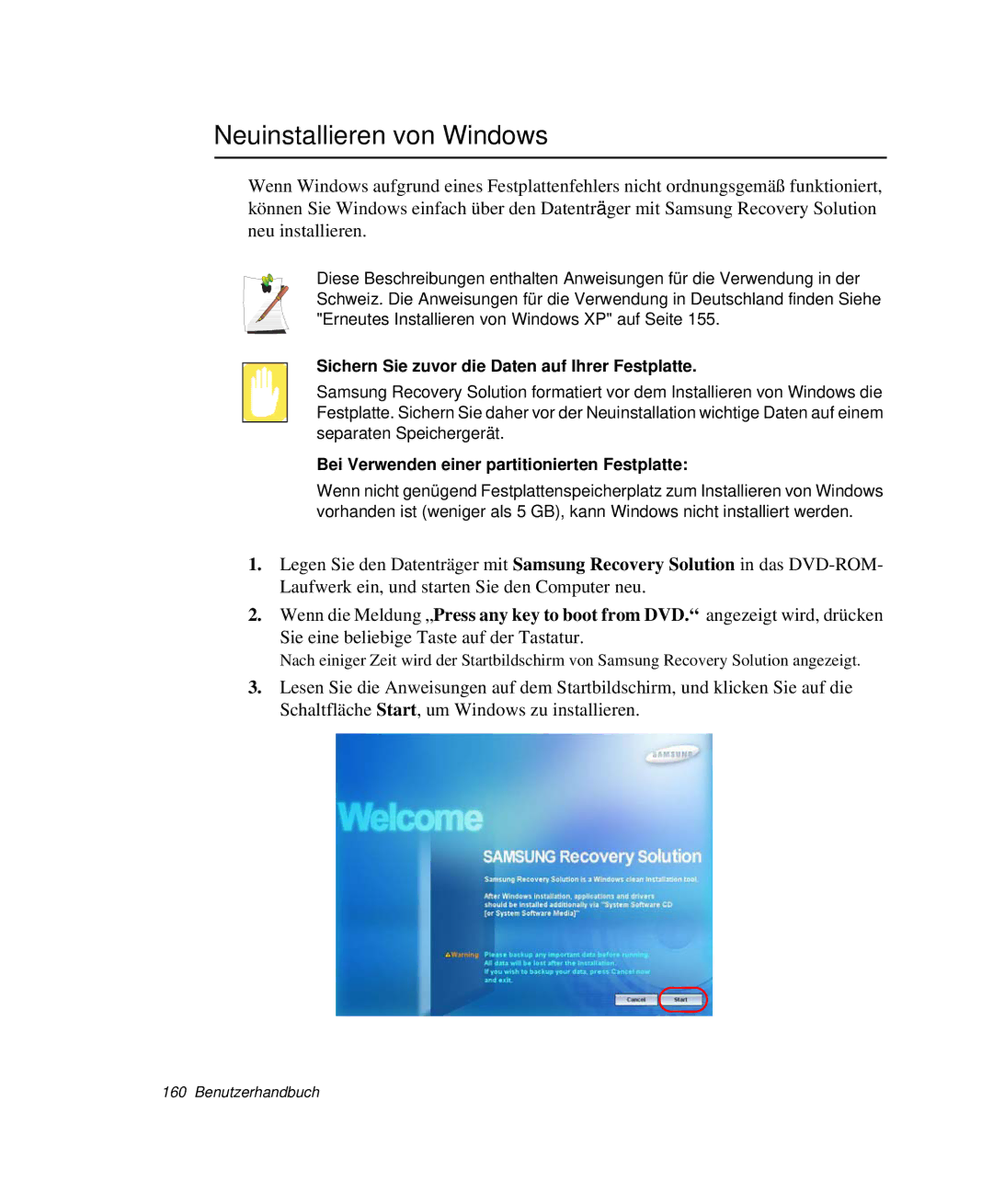 Samsung NP-R65/WAV/SEG, NP-R65K000/SEG manual Neuinstallieren von Windows, Sichern Sie zuvor die Daten auf Ihrer Festplatte 