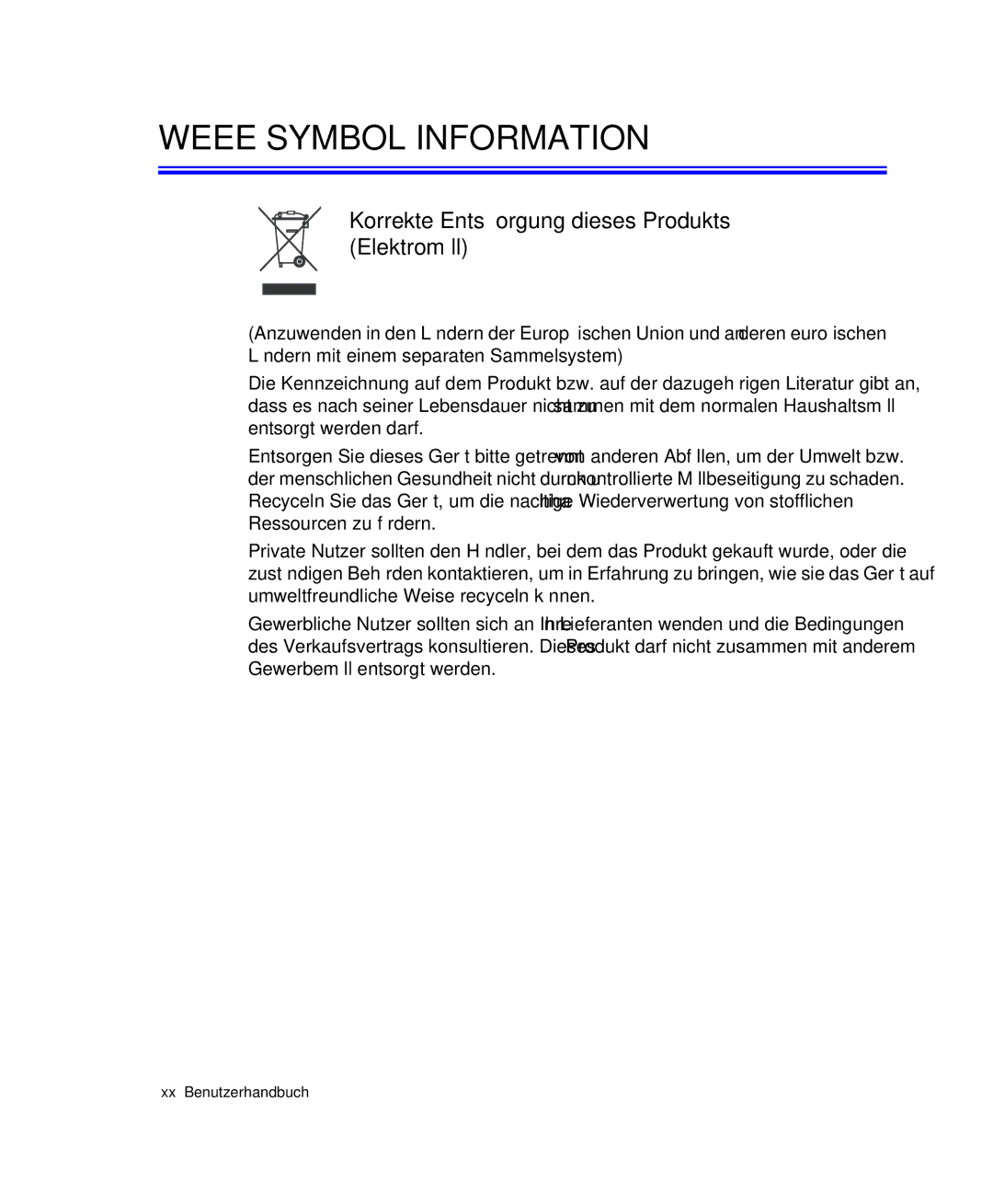 Samsung NP-P50KV00/SEG, NP-R65K000/SEG manual Weee Symbol Information, Korrekte Entsorgung dieses Produkts Elektromüll 