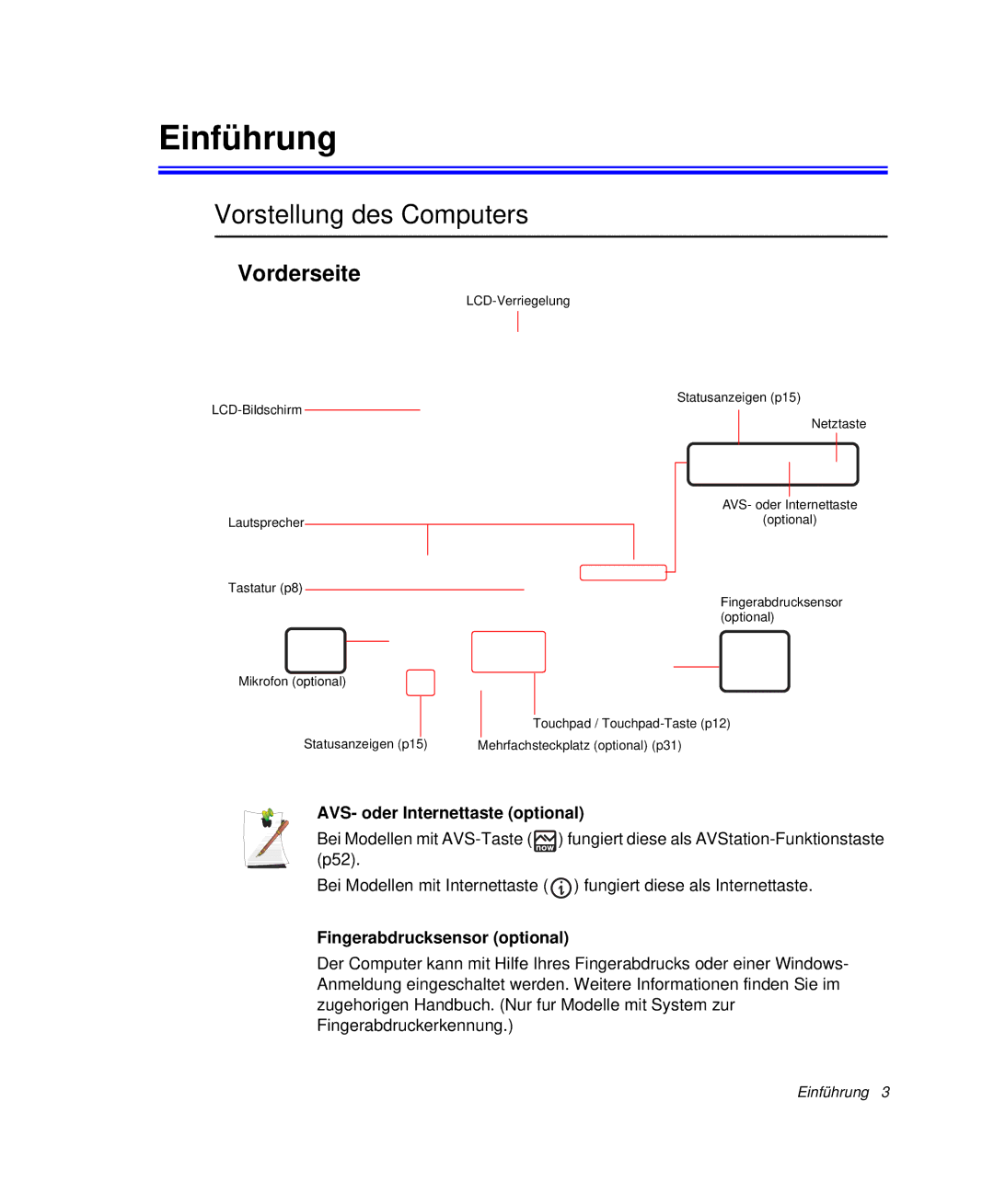 Samsung NP-R65TV01/SEG manual Einführung, Vorstellung des Computers, Vorderseite, AVS- oder Internettaste optional 