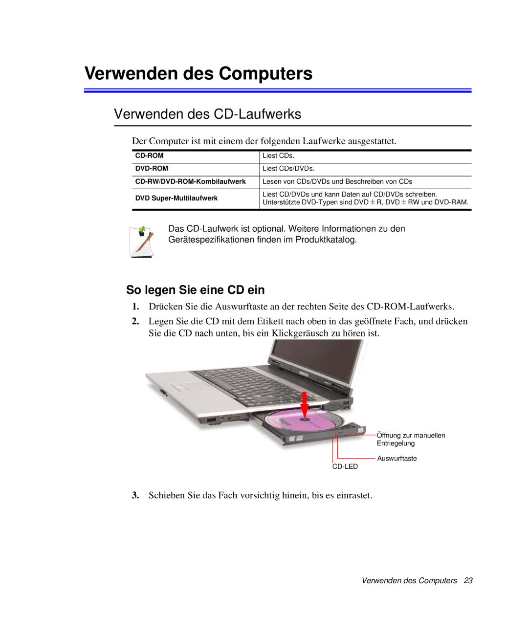 Samsung NP-P50TV04/SEG, NP-R65K000/SEG manual Verwenden des Computers, Verwenden des CD-Laufwerks, So legen Sie eine CD ein 