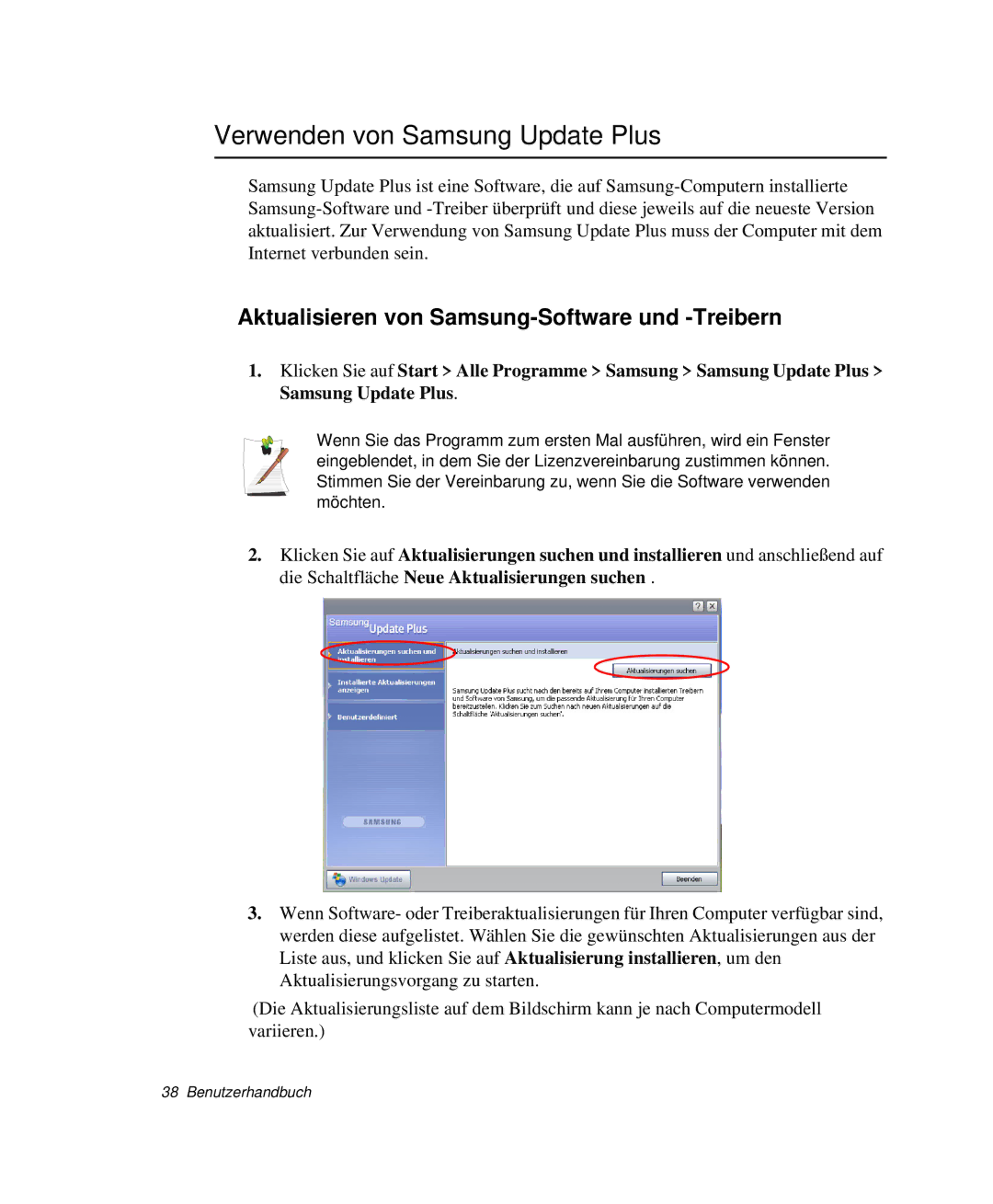 Samsung NP-R65CV02/SEG, NP-R65K000/SEG Verwenden von Samsung Update Plus, Aktualisieren von Samsung-Software und -Treibern 