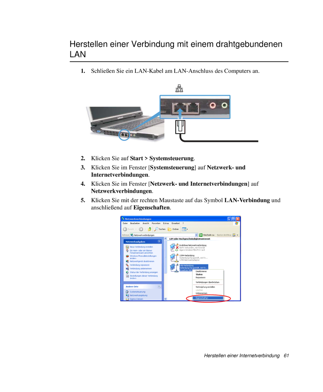 Samsung NP-R65CV01/SEG manual Herstellen einer Verbindung mit einem drahtgebundenen, Klicken Sie auf Start Systemsteuerung 