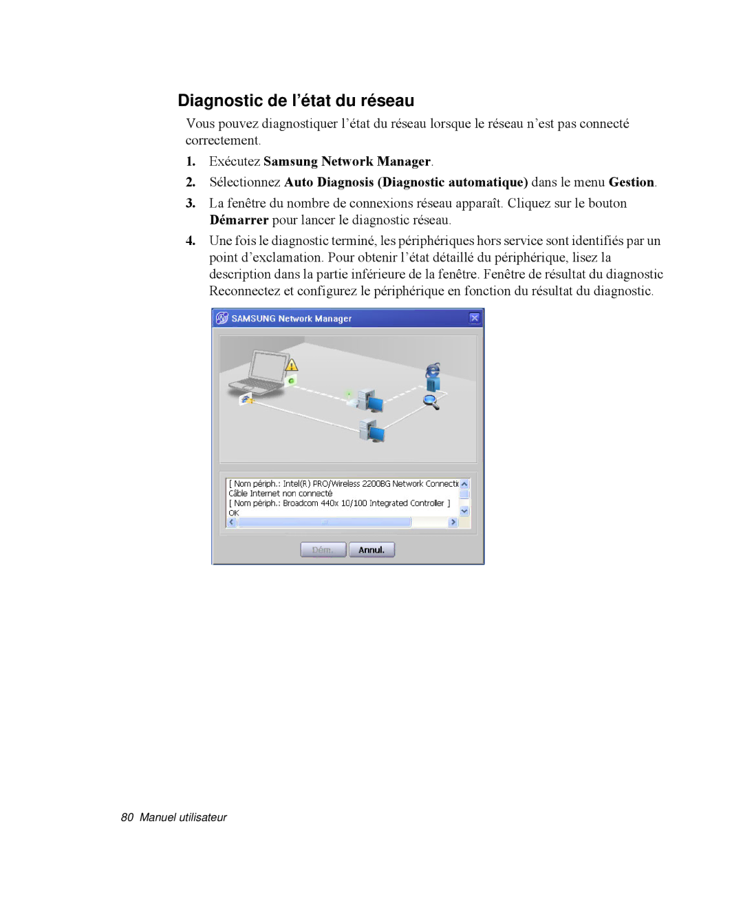 Samsung NP-R65TV02/SEF, NP-R65KV00/SEF, NP-R65C000/SEF, NP-R65TV03/SEF, NP-R65T003/SEF manual Diagnostic de l’état du réseau 