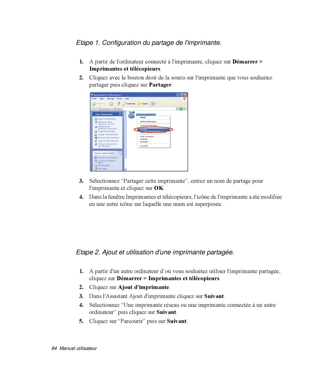 Samsung NP-R65T003/SEF, NP-R65TV02/SEF Etape 1. Configuration du partage de limprimante, Cliquez sur Ajout dimprimante 