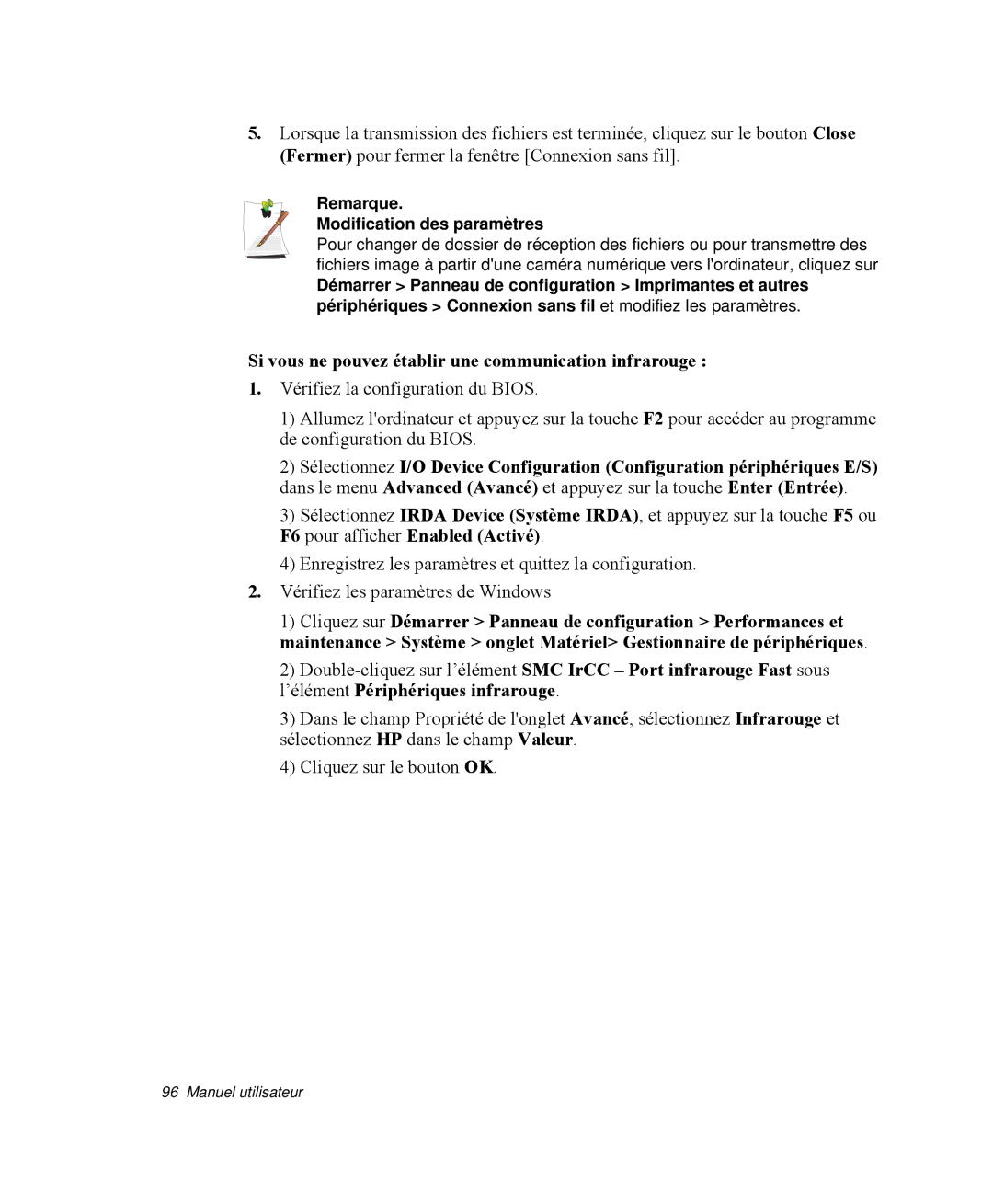 Samsung NP-R65T002/SEF manual Si vous ne pouvez établir une communication infrarouge, Remarque Modification des paramètres 