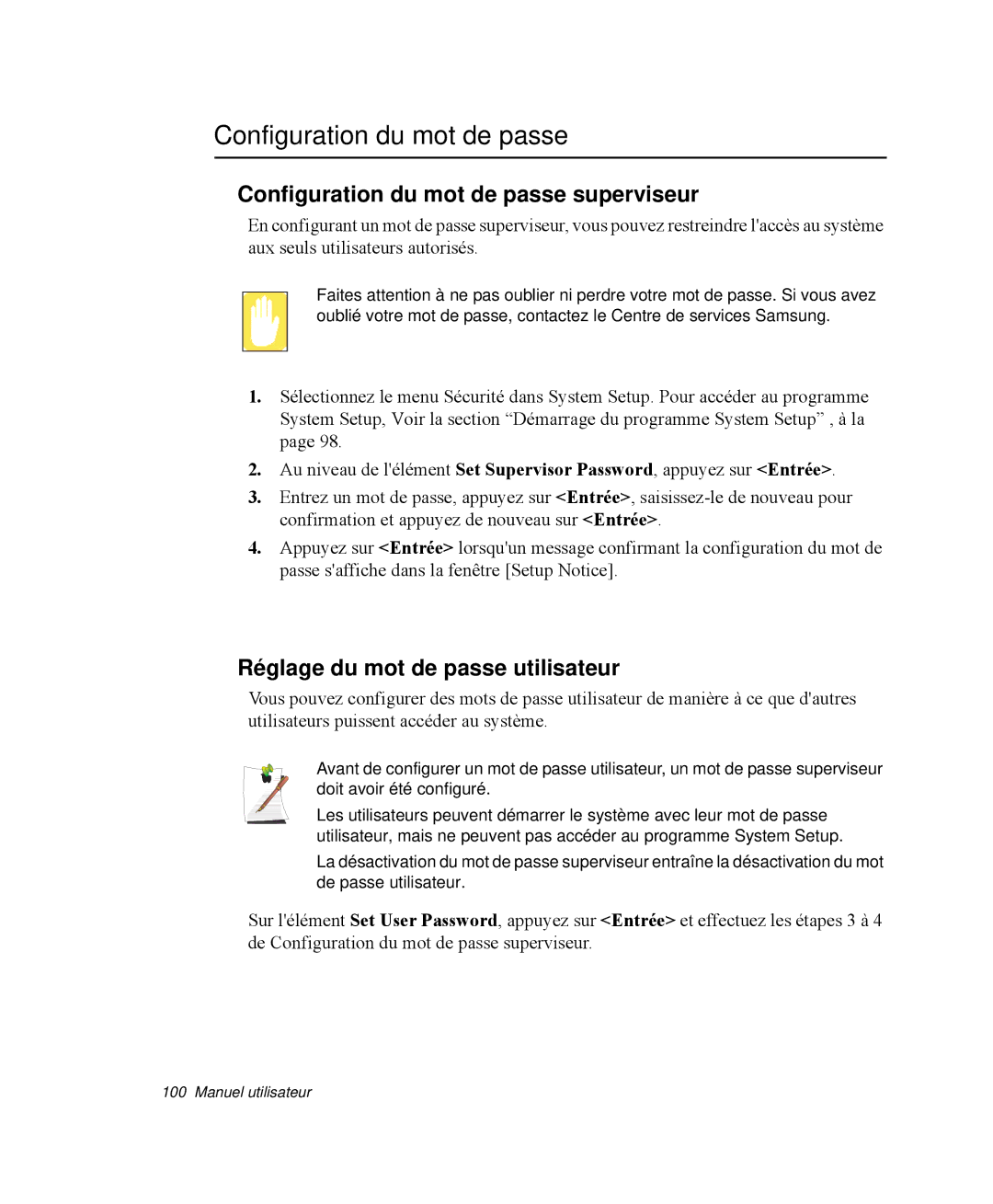 Samsung NP-R65TV02/SEF, NP-R65KV00/SEF Configuration du mot de passe superviseur, Réglage du mot de passe utilisateur 