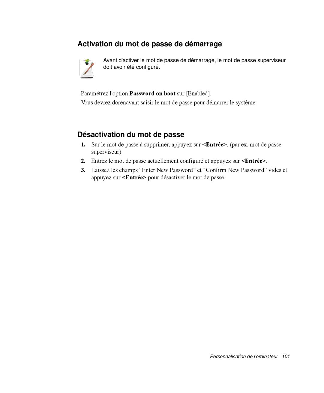 Samsung NP-R65KV00/SEF, NP-R65TV02/SEF manual Activation du mot de passe de démarrage, Désactivation du mot de passe 