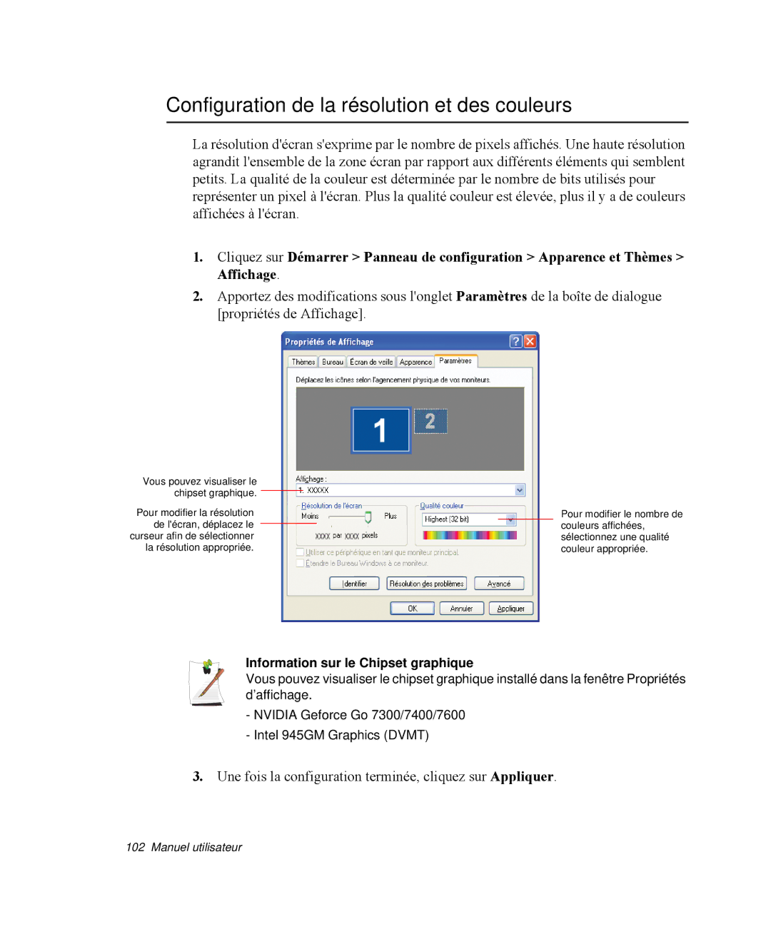 Samsung NP-R65C000/SEF manual Configuration de la résolution et des couleurs, Information sur le Chipset graphique 