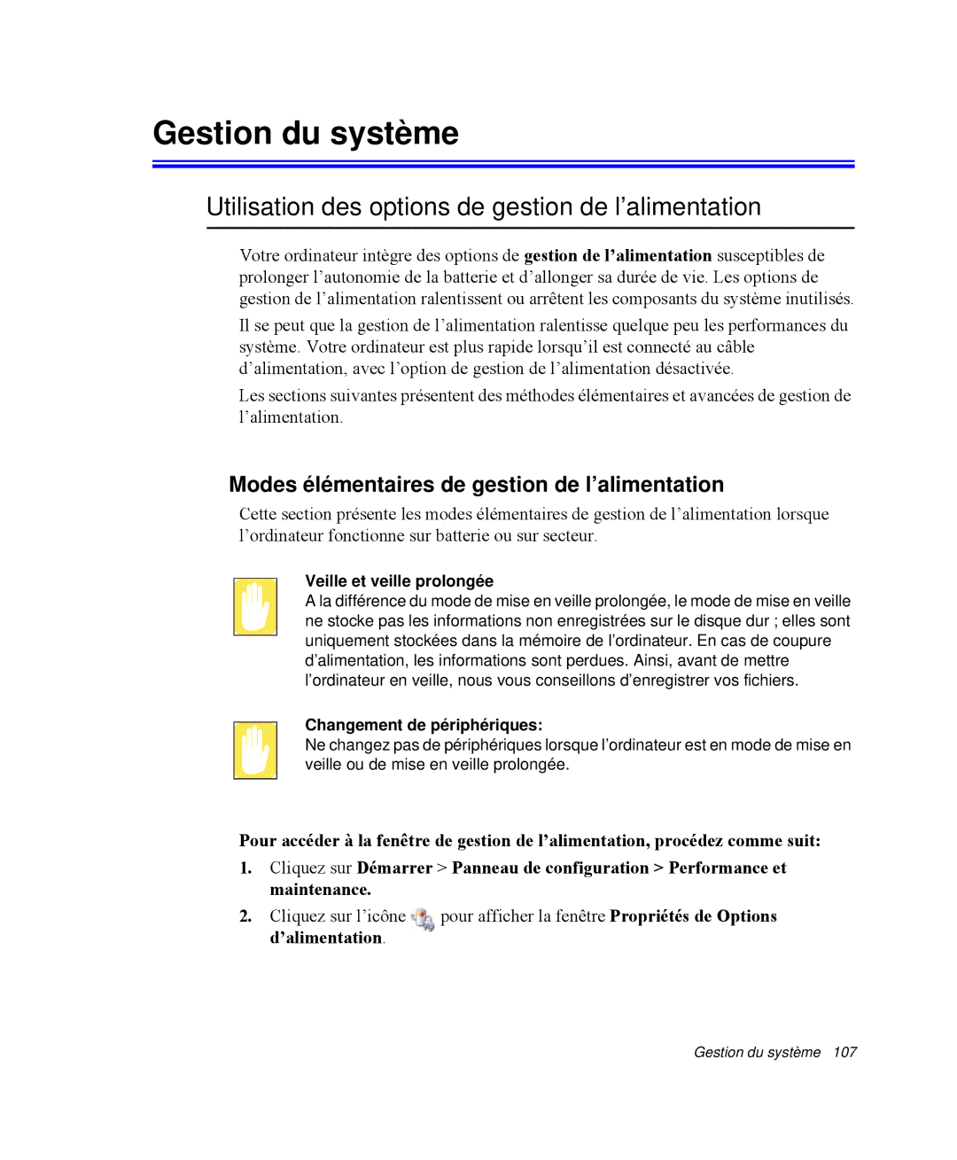 Samsung NP-R65T000/SEF, NP-R65TV02/SEF manual Gestion du système, Utilisation des options de gestion de l’alimentation 