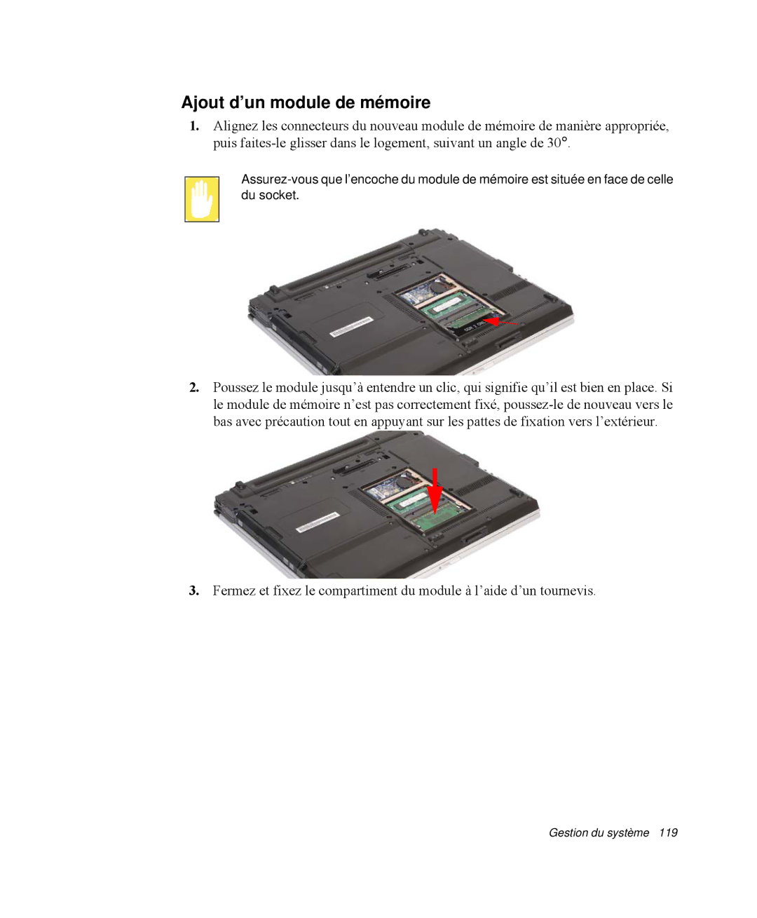 Samsung NP-R65K000/SEF, NP-R65TV02/SEF, NP-R65KV00/SEF, NP-R65C000/SEF, NP-R65TV03/SEF manual Ajout d’un module de mémoire 