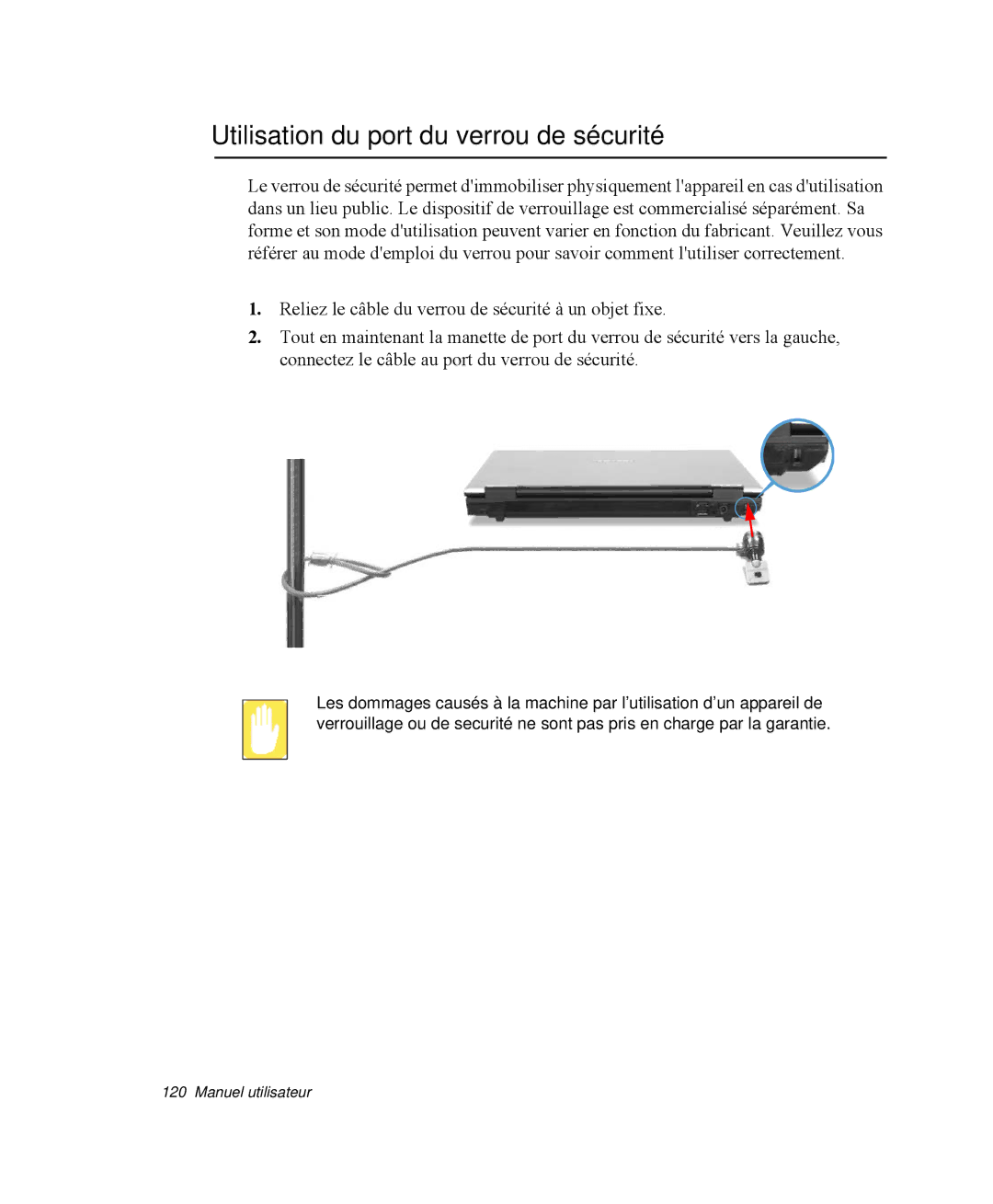 Samsung NP-R65TV02/SEF, NP-R65KV00/SEF, NP-R65C000/SEF, NP-R65TV03/SEF manual Utilisation du port du verrou de sécurité 