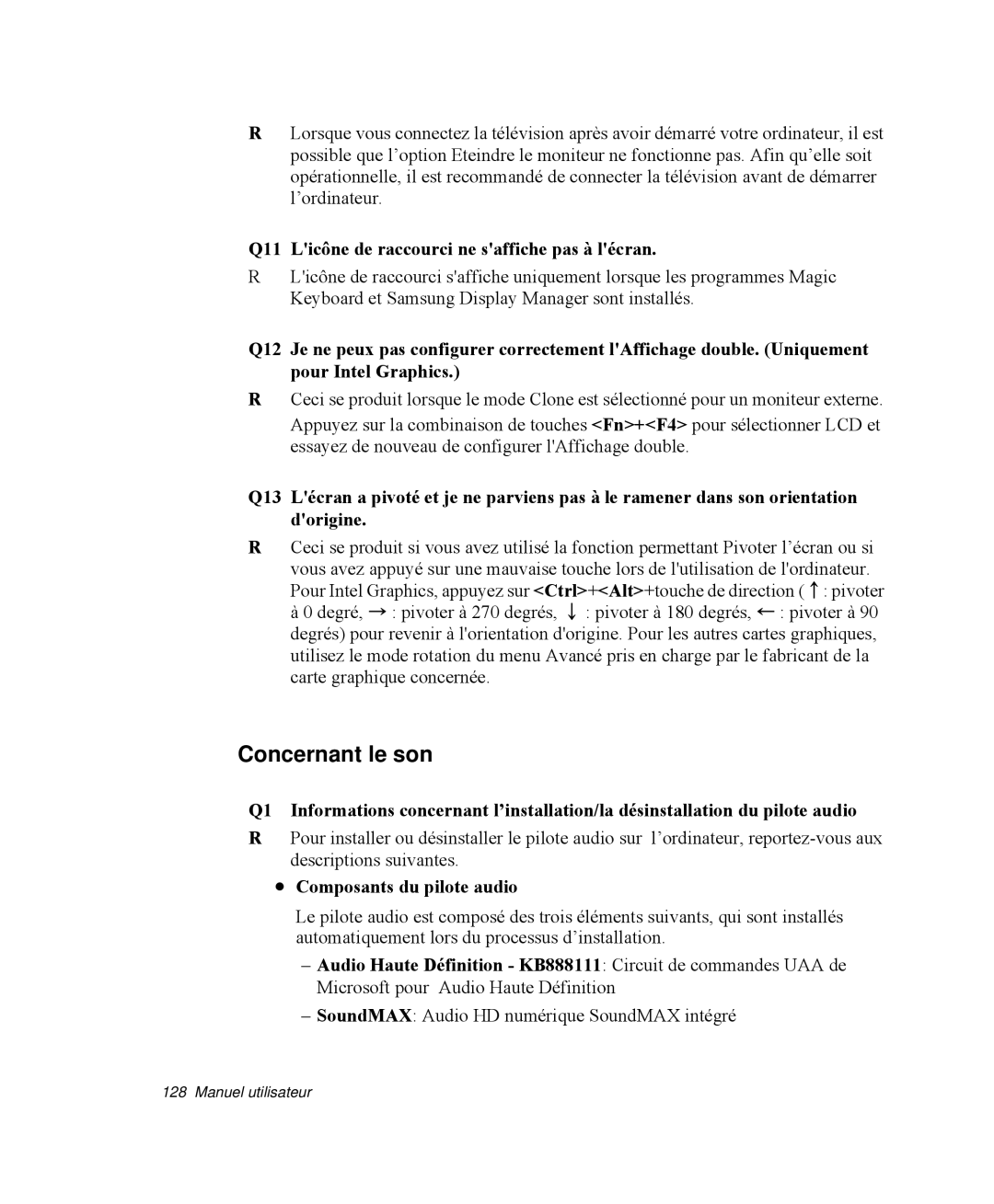 Samsung NP-R65TV01/SEF Concernant le son, Q11 Licône de raccourci ne saffiche pas à lécran, Composants du pilote audio 