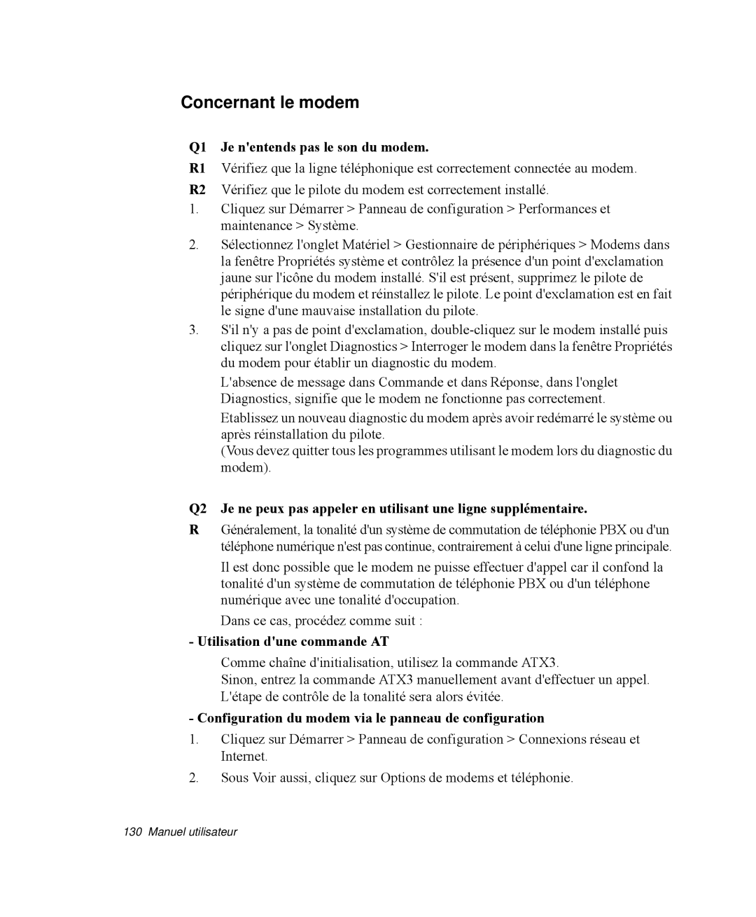 Samsung NP-R65TV02/SEF manual Concernant le modem, Q1 Je nentends pas le son du modem, Utilisation dune commande AT 