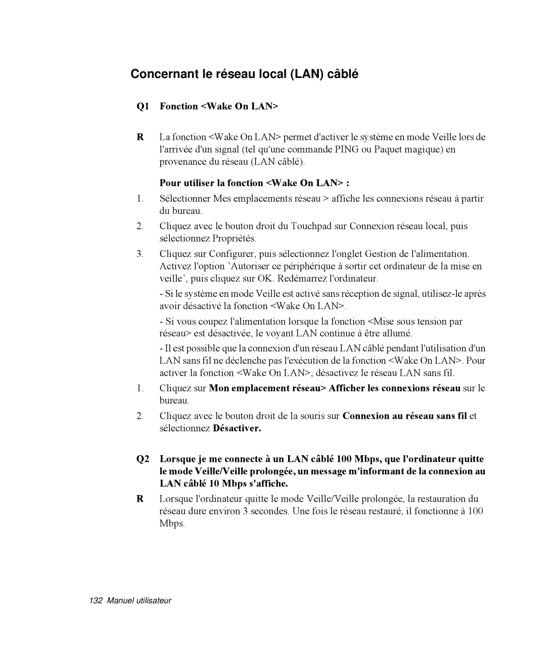 Samsung NP-R65C000/SEF, NP-R65TV02/SEF, NP-R65KV00/SEF manual Concernant le réseau local LAN câblé, Q1 Fonction Wake On LAN 