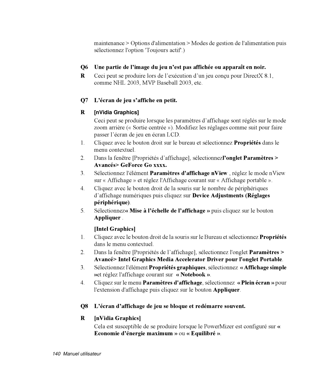 Samsung NP-R65TV02/SEF manual Q7 L’écran de jeu s’affiche en petit, Avancés GeForce Go, Intel Graphics, NVidia Graphics 