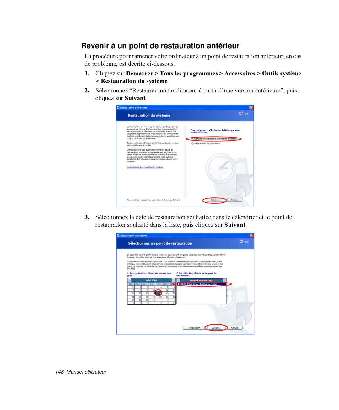 Samsung NP-R65TV01/SEF, NP-R65TV02/SEF, NP-R65KV00/SEF, NP-R65C000/SEF manual Revenir à un point de restauration antérieur 