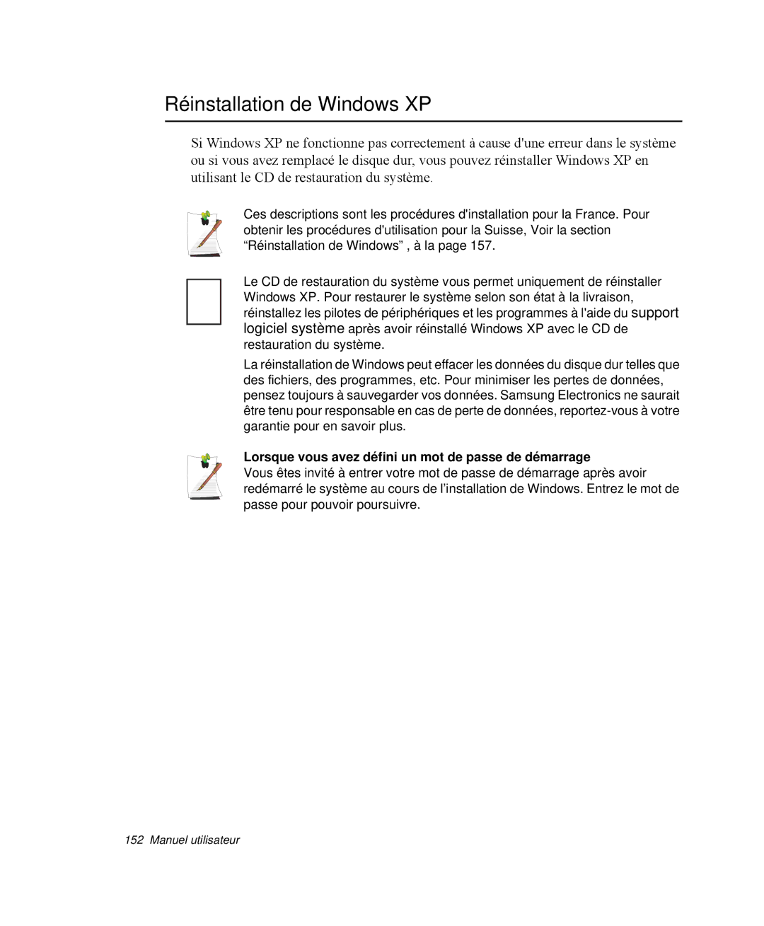 Samsung NP-R65C000/SEF, NP-R65TV02/SEF Réinstallation de Windows XP, Lorsque vous avez défini un mot de passe de démarrage 