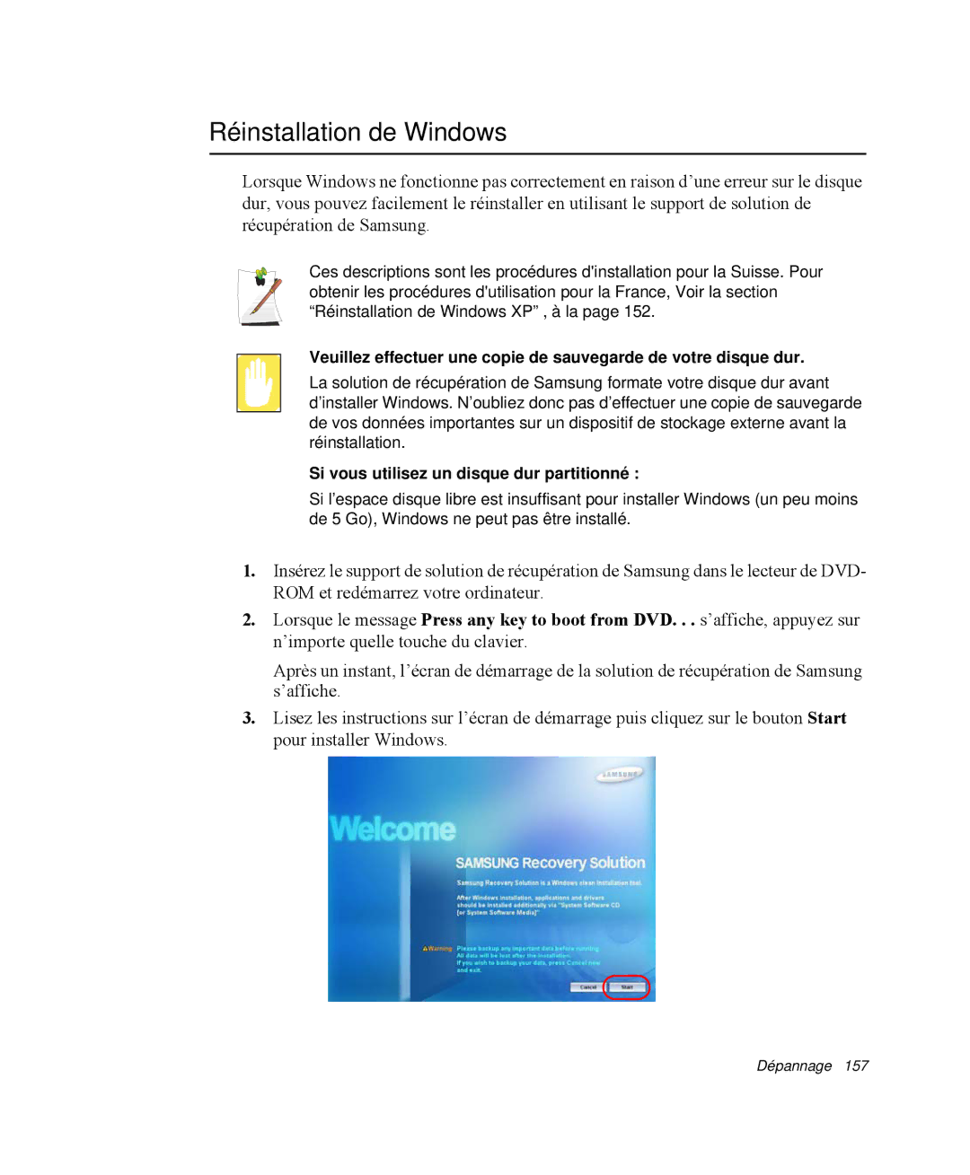 Samsung NP-R65T000/SEF, NP-R65TV02/SEF manual Réinstallation de Windows, Si vous utilisez un disque dur partitionné 