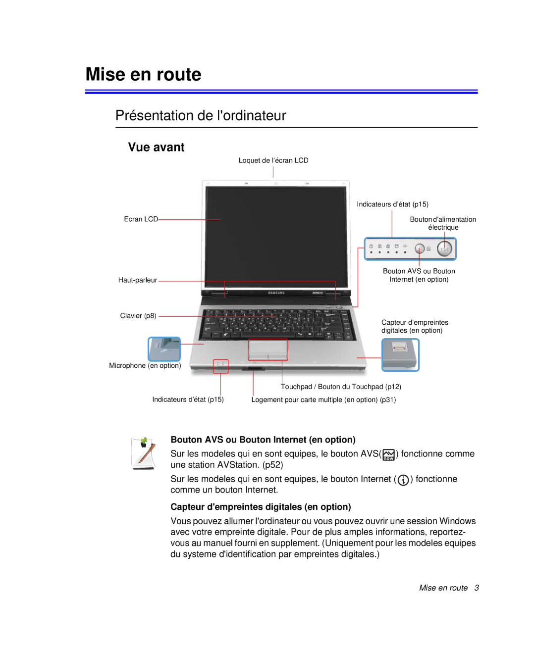 Samsung NP-R65TV03/SEF Mise en route, Présentation de lordinateur, Vue avant, Bouton AVS ou Bouton Internet en option 