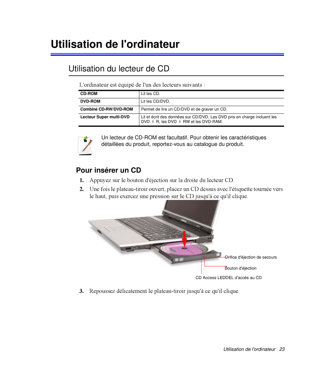 Samsung NP-R65TV03/SEF, NP-R65TV02/SEF manual Utilisation de lordinateur, Utilisation du lecteur de CD, Pour insérer un CD 