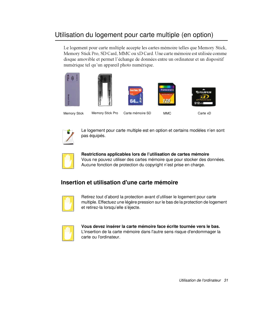 Samsung NP-R65KV00/SEF Utilisation du logement pour carte multiple en option, Insertion et utilisation dune carte mémoire 