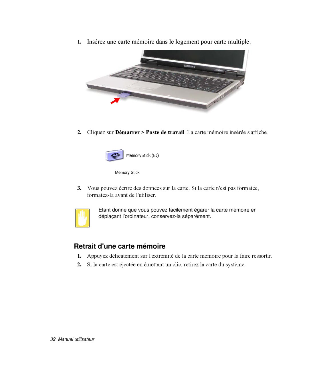 Samsung NP-R65C000/SEF, NP-R65TV02/SEF, NP-R65KV00/SEF, NP-R65TV03/SEF, NP-R65T003/SEF manual Retrait dune carte mémoire 