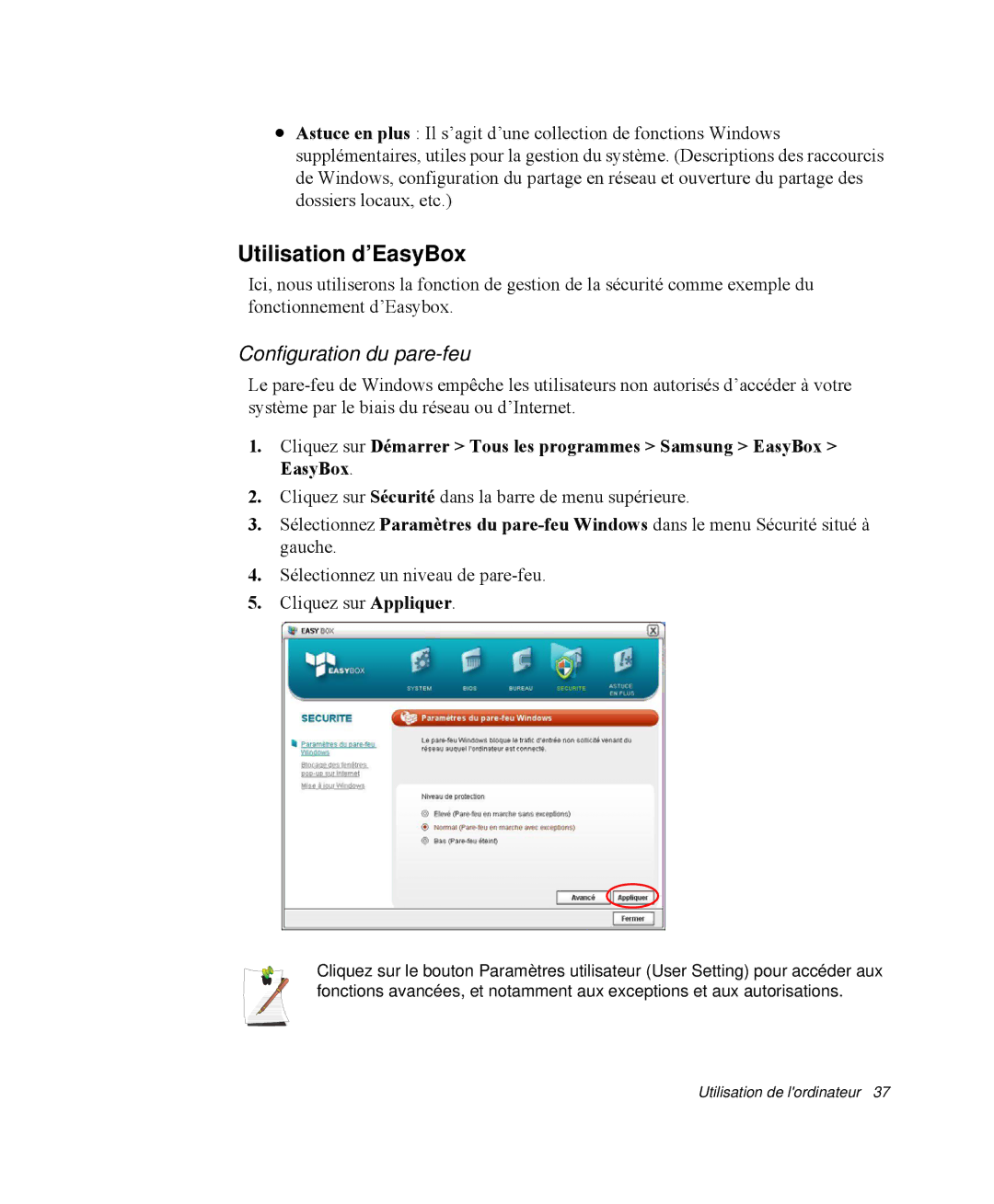 Samsung NP-R65T000/SEF, NP-R65TV02/SEF, NP-R65KV00/SEF, NP-R65C000/SEF manual Utilisation d’EasyBox, Configuration du pare-feu 