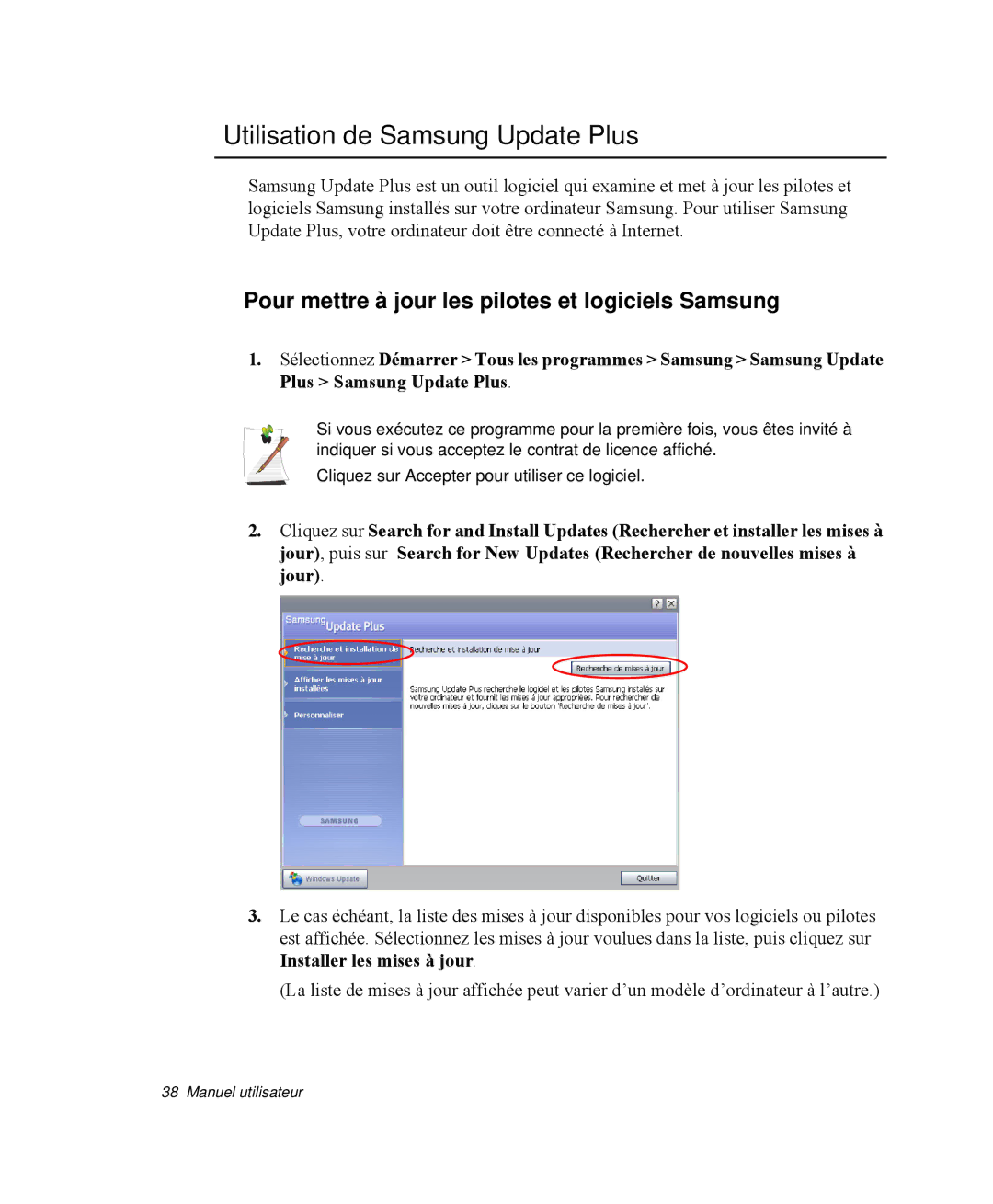 Samsung NP-R65TV01/SEF manual Utilisation de Samsung Update Plus, Pour mettre à jour les pilotes et logiciels Samsung 