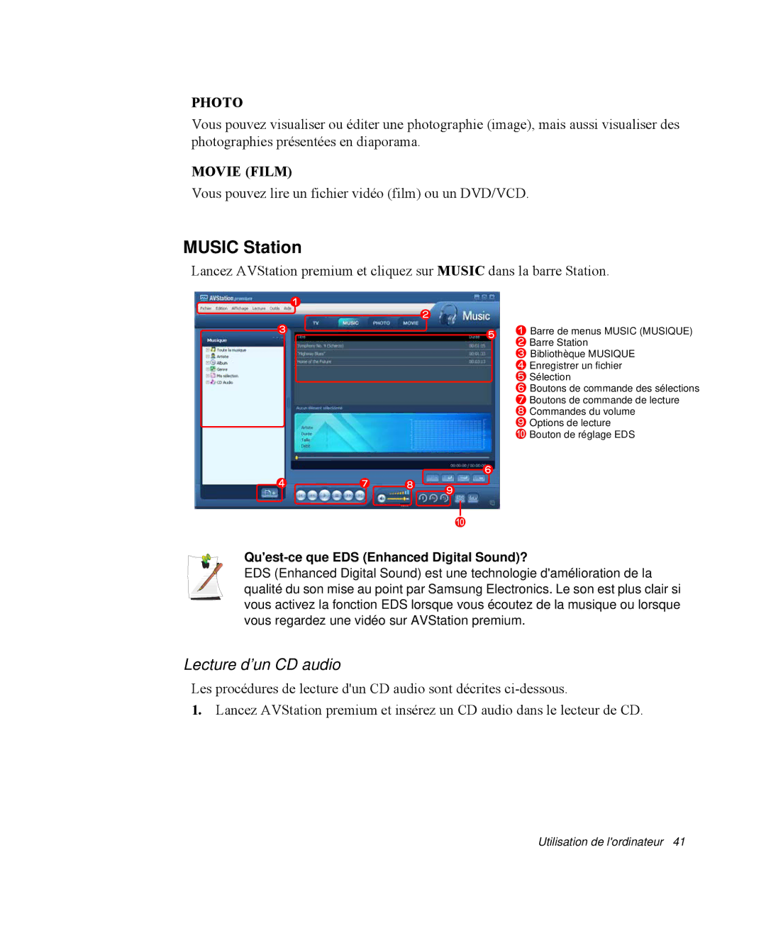 Samsung NP-R65KV00/SEF, NP-R65TV02/SEF manual Music Station, Lecture d’un CD audio, Quest-ce que EDS Enhanced Digital Sound? 