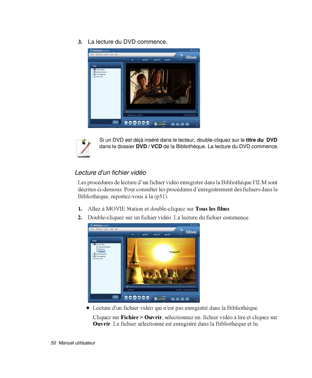 Samsung NP-R65TV02/SEF, NP-R65KV00/SEF, NP-R65C000/SEF, NP-R65TV03/SEF Lecture dun fichier vidéo, La lecture du DVD commence 