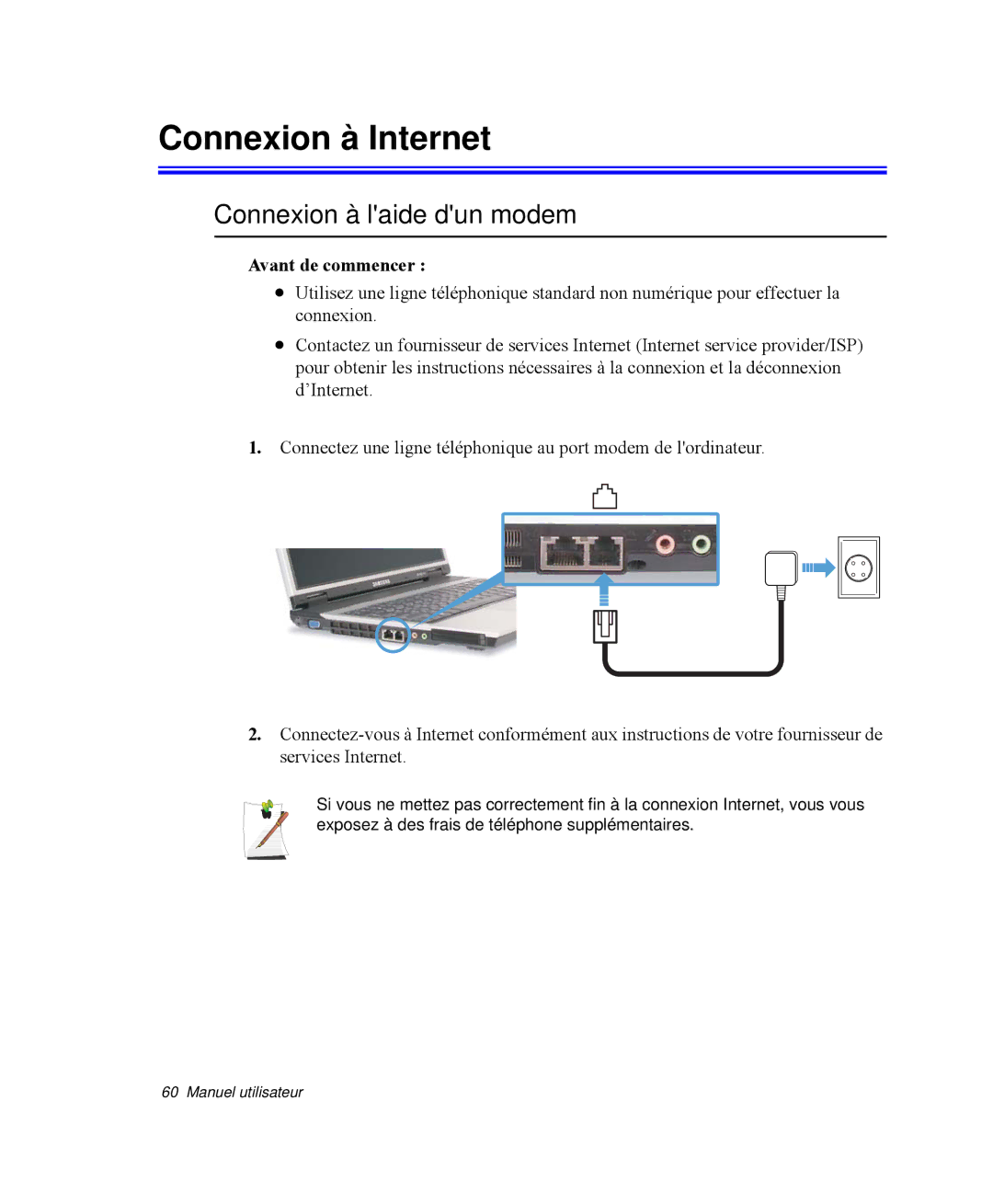 Samsung NP-R65TV02/SEF, NP-R65KV00/SEF manual Connexion à Internet, Connexion à laide dun modem, Avant de commencer 