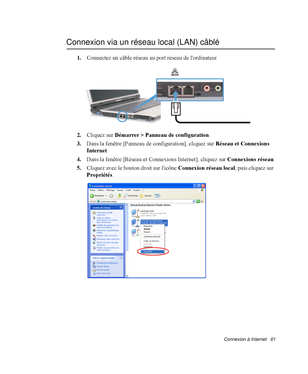 Samsung NP-R65KV00/SEF manual Connexion via un réseau local LAN câblé, Cliquez sur Démarrer Panneau de configuration 