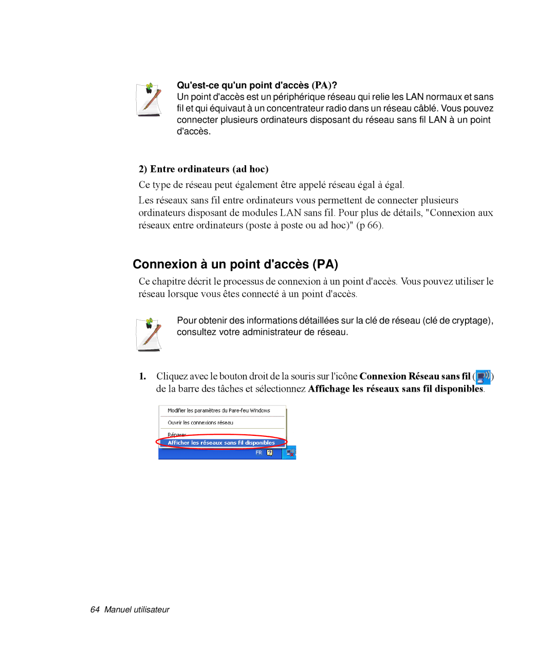 Samsung NP-R65T003/SEF manual Connexion à un point daccès PA, Entre ordinateurs ad hoc, Quest-ce quun point daccès PA? 