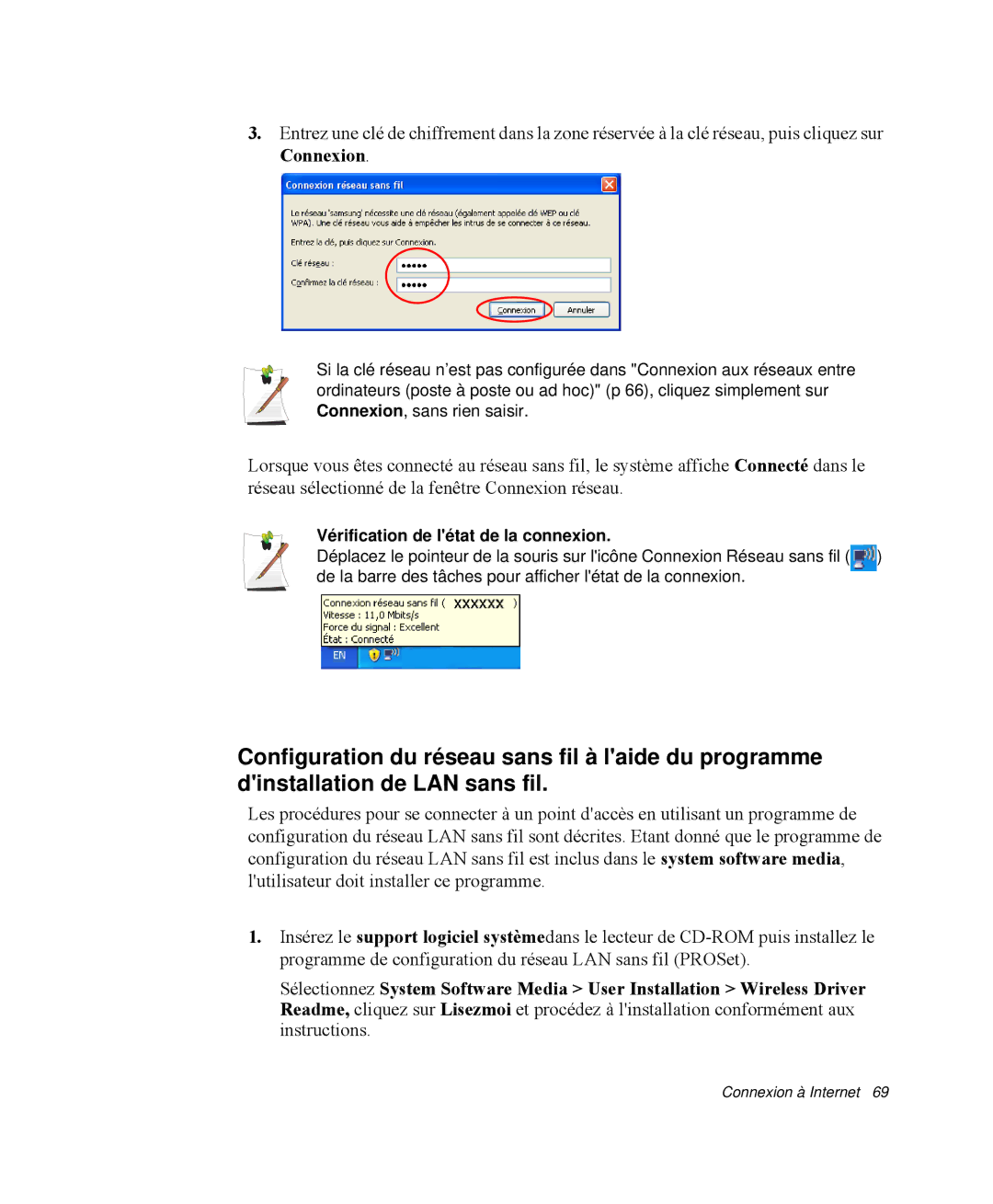 Samsung NP-R65K000/SEF, NP-R65TV02/SEF, NP-R65KV00/SEF, NP-R65C000/SEF, NP-R65TV03/SEF Vérification de létat de la connexion 