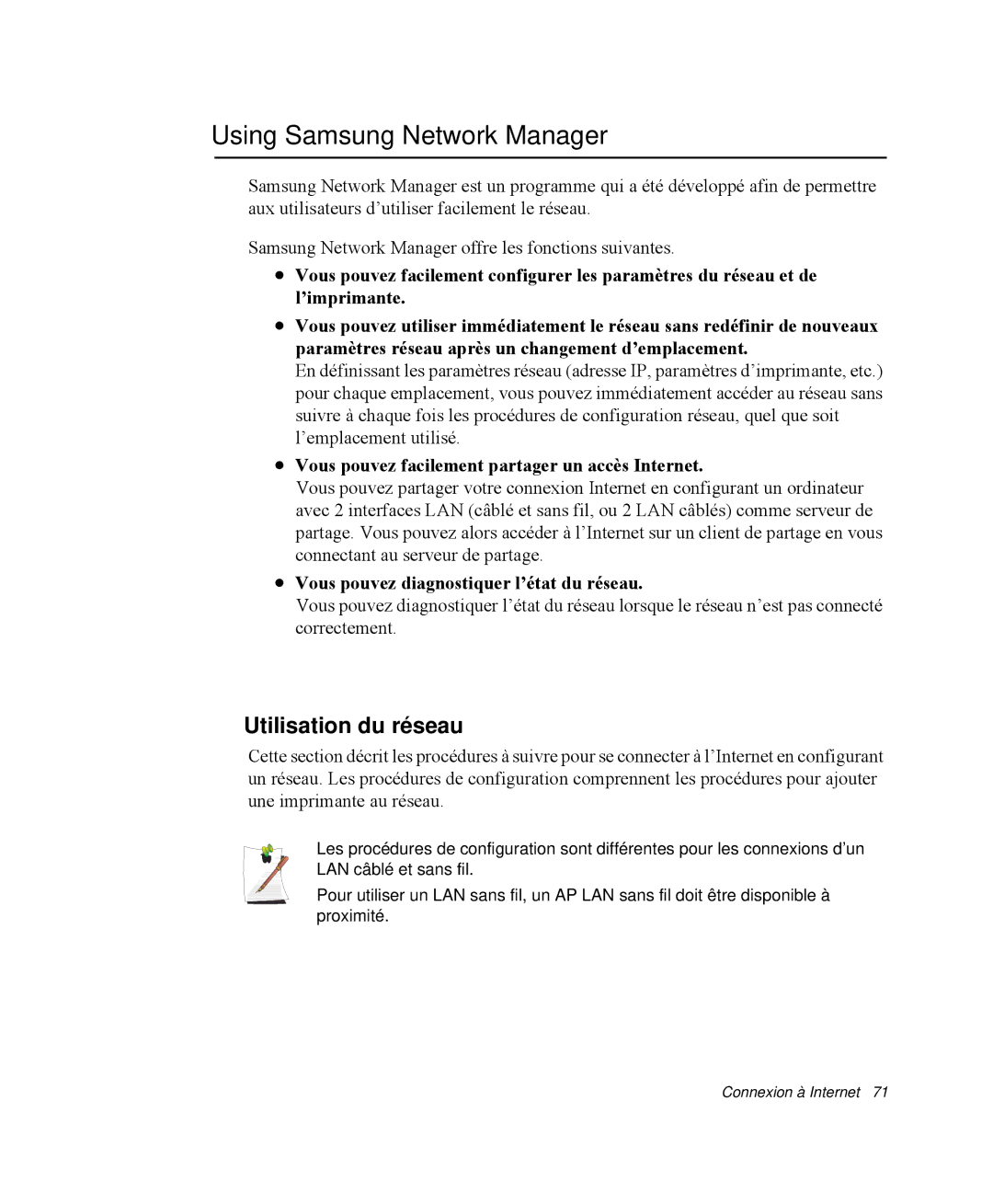 Samsung NP-R65KV00/SEF Using Samsung Network Manager, Utilisation du réseau, Vous pouvez diagnostiquer l’état du réseau 