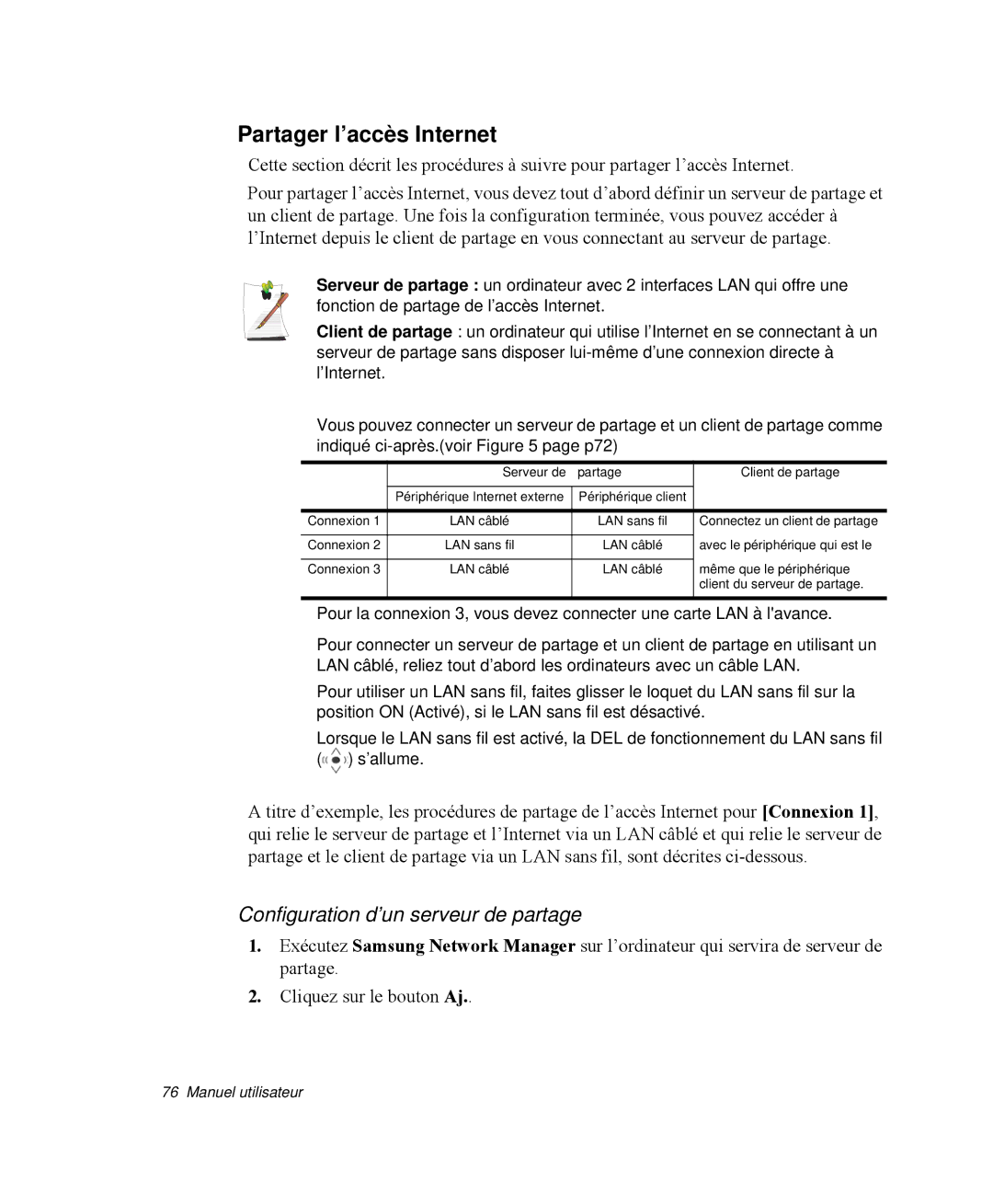 Samsung NP-R65T002/SEF, NP-R65TV02/SEF, NP-R65KV00/SEF Partager l’accès Internet, Configuration d’un serveur de partage 