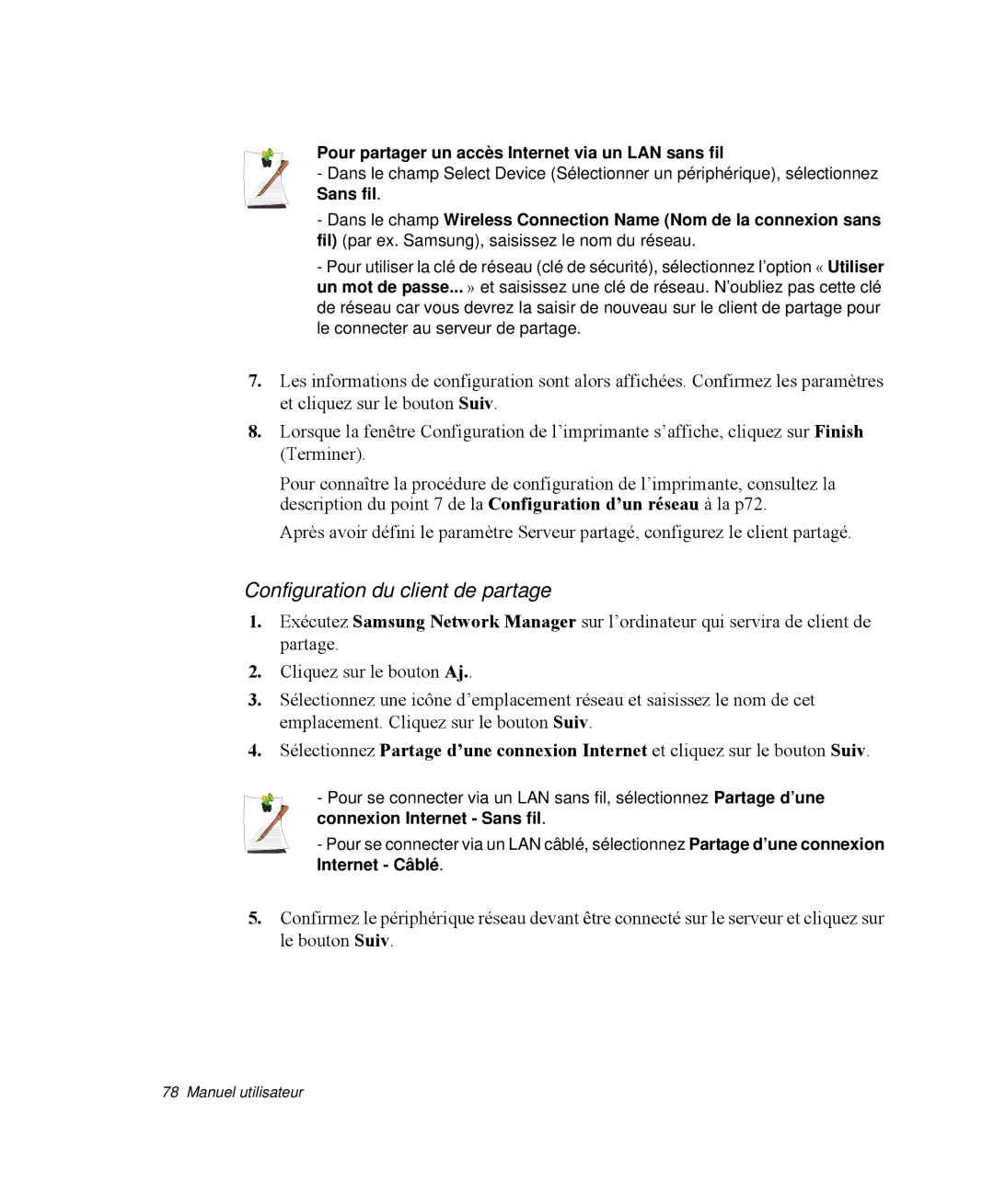 Samsung NP-R65TV01/SEF manual Configuration du client de partage, Pour partager un accès Internet via un LAN sans fil 