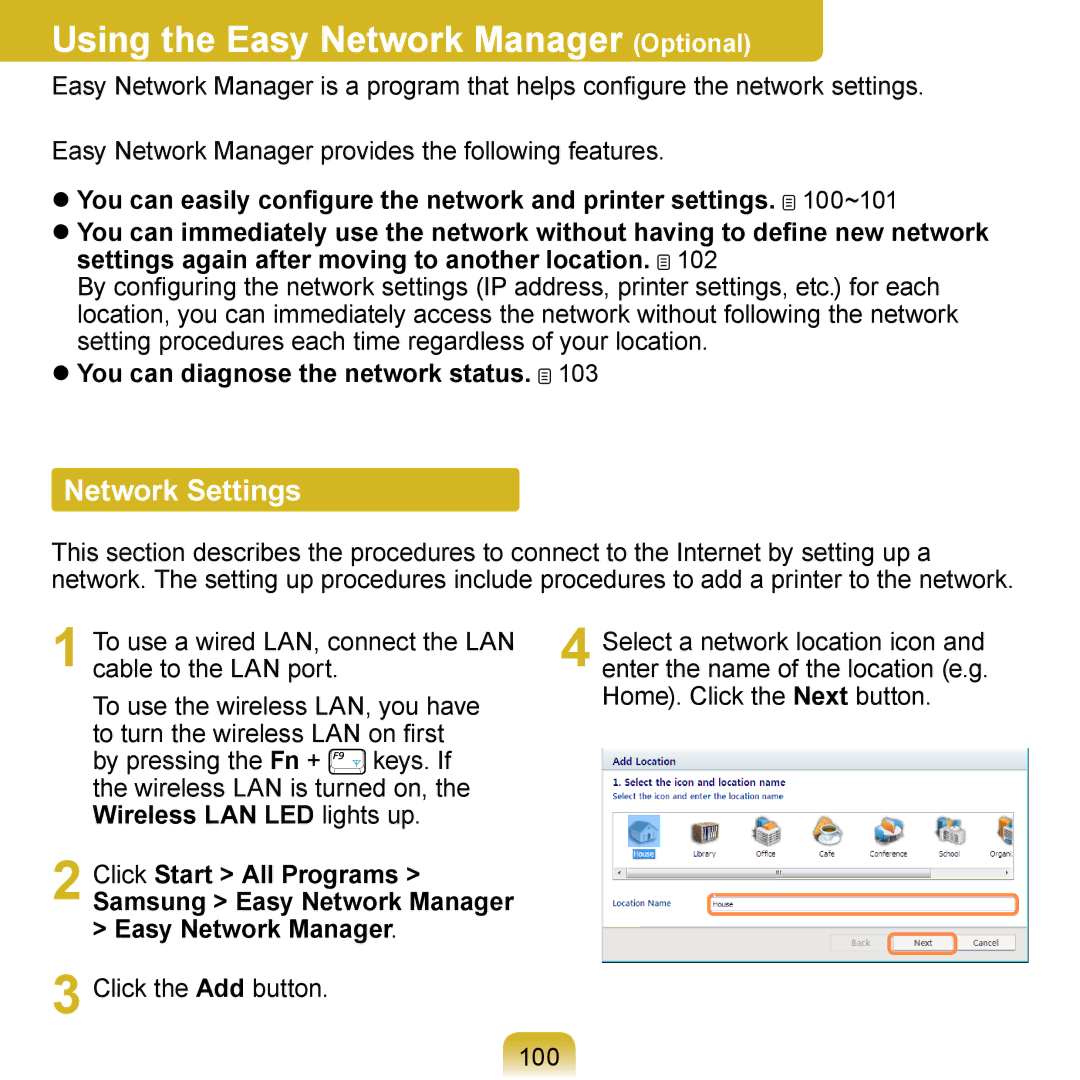 Samsung NP-R410-FB04RU Using the Easy Network Manager Optional, Network Settings,  You can diagnose the network status 