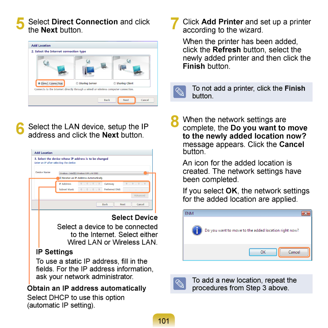 Samsung NP-R410-FA06RU, NP-R700-AS05DE Select Direct Connection and click the Next button, 101, Select Device, IP Settings 